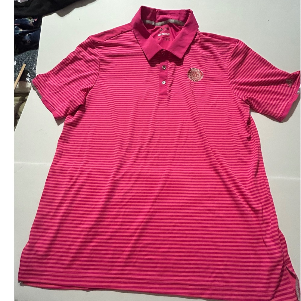 Adidas Golf Climachill Mens XL Pink Striped Polo Shirt The Hills Country Club